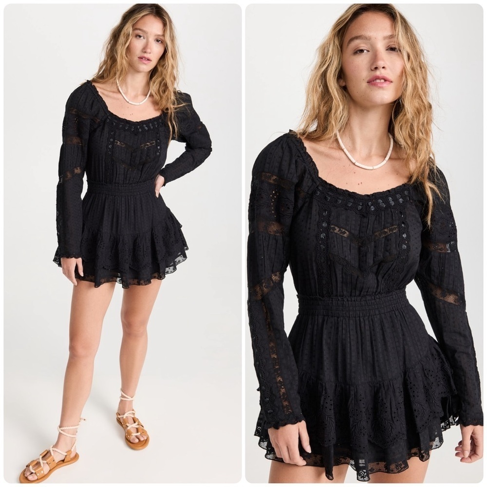 New! LoveShackFancy Sanaya Floral Lace and Ribbon Mini Black Dress 🖤 Medium
